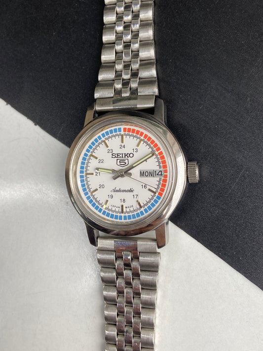 Vintage Mod Seiko 5 Automatic 6309A 17 Jewels Japan Men's Day-Date White Face Wrist Watch E46