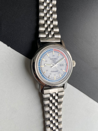 Vintage Mod Seiko 5 Automatic 6309A 17 Jewels Japan Men's Day-Date White Face Wrist Watch E46
