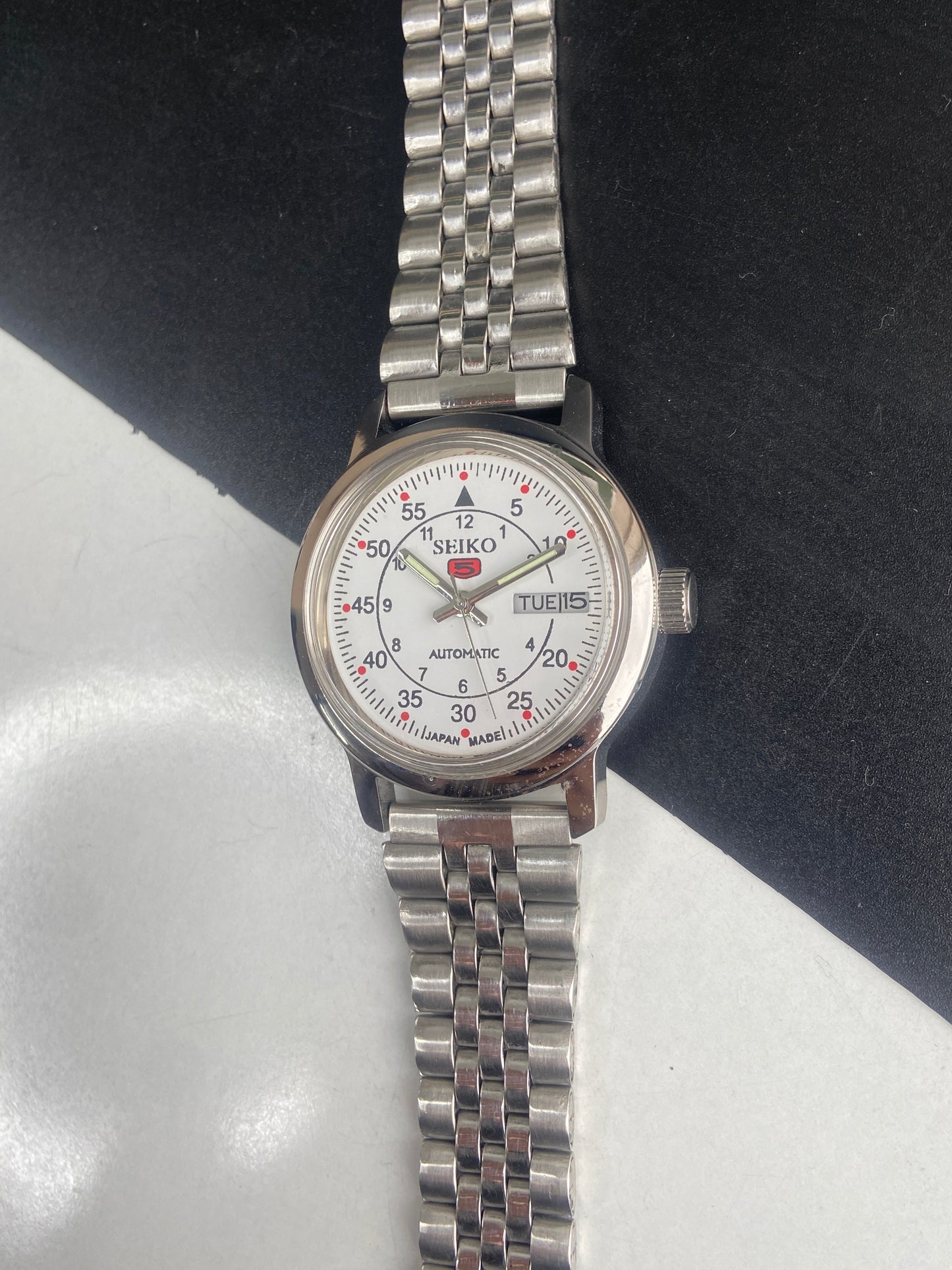 Vintage Mod Seiko 5 Automatic 6309A 17 Jewels Japan Men's Day-Date White Face Wrist Watch E47
