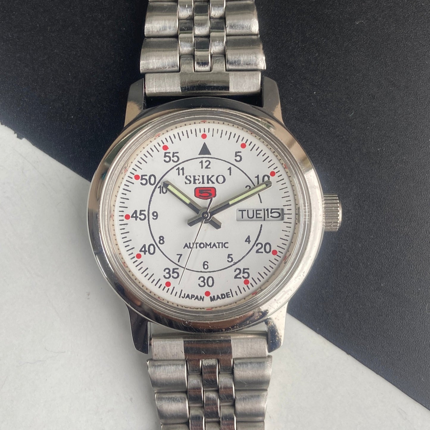 Vintage Mod Seiko 5 Automatic 6309A 17 Jewels Japan Men's Day-Date White Face Wrist Watch E47