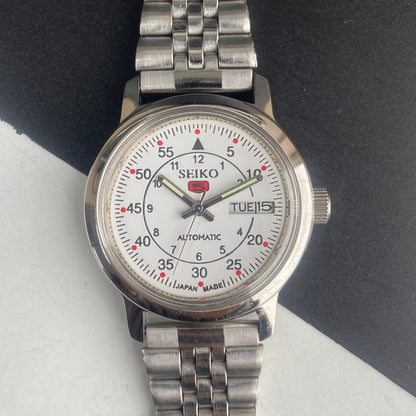 Vintage Mod Seiko 5 Automatic 6309A 17 Jewels Japan Men's Day-Date White Face Wrist Watch E47
