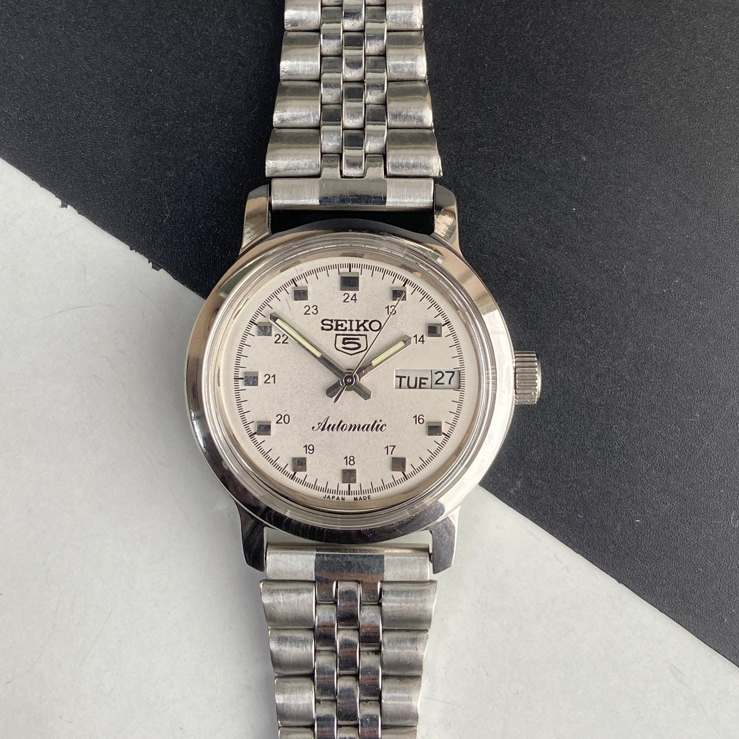 Vintage Mod Seiko 5 Automatic 6309A 17 Jewels Japan Men's Day-Date White Face Wrist Watch E48