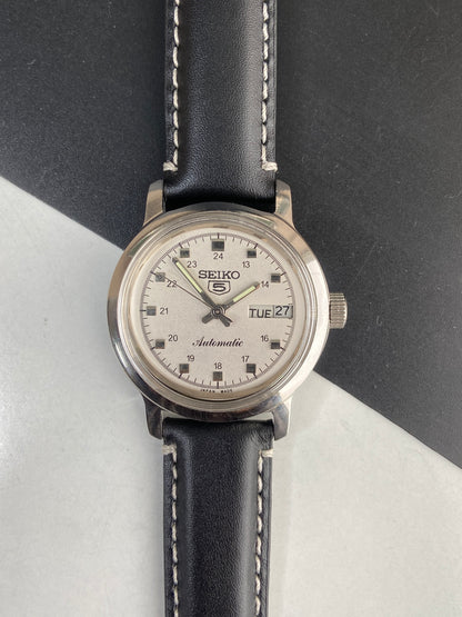 Vintage Mod Seiko 5 Automatic 6309A 17 Jewels Japan Men's Day-Date White Face Wrist Watch E48