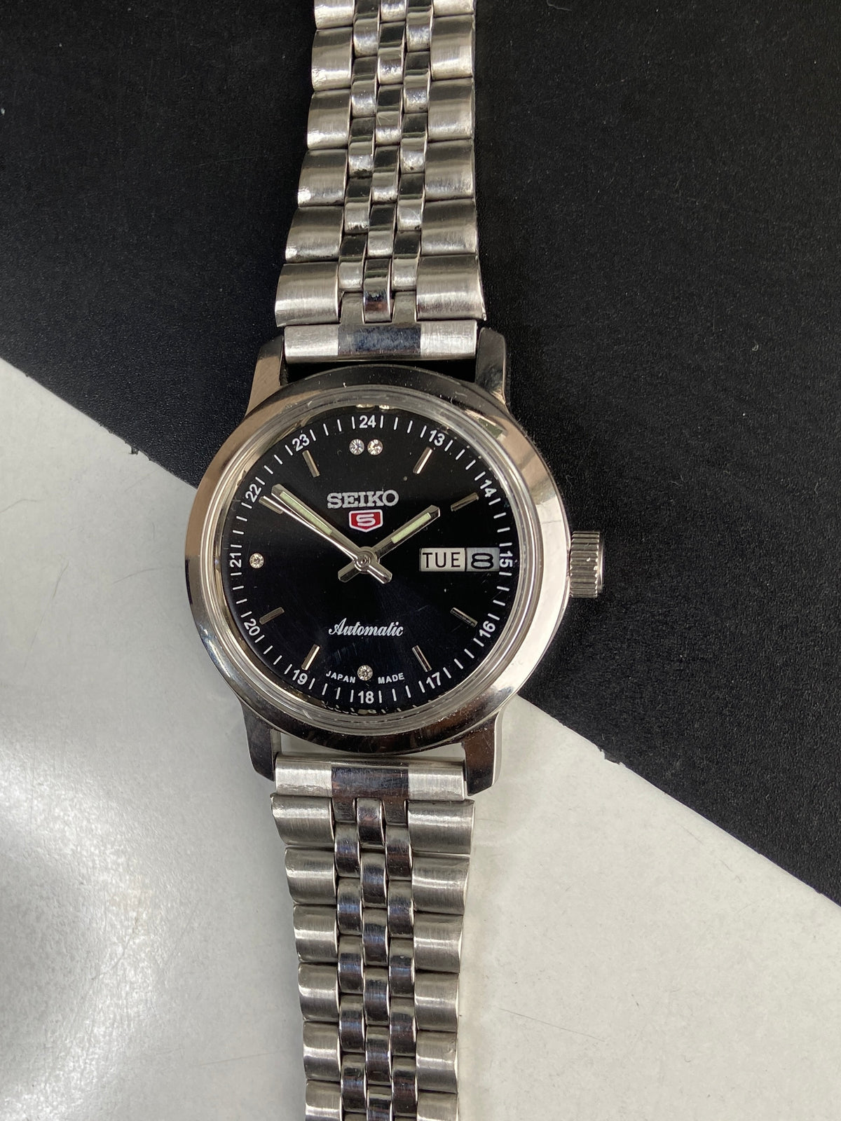 Vintage Mod Seiko 5 Automatic 6309A 17 Jewels Japan Men's Day-Date Black Face Wrist Watch E49