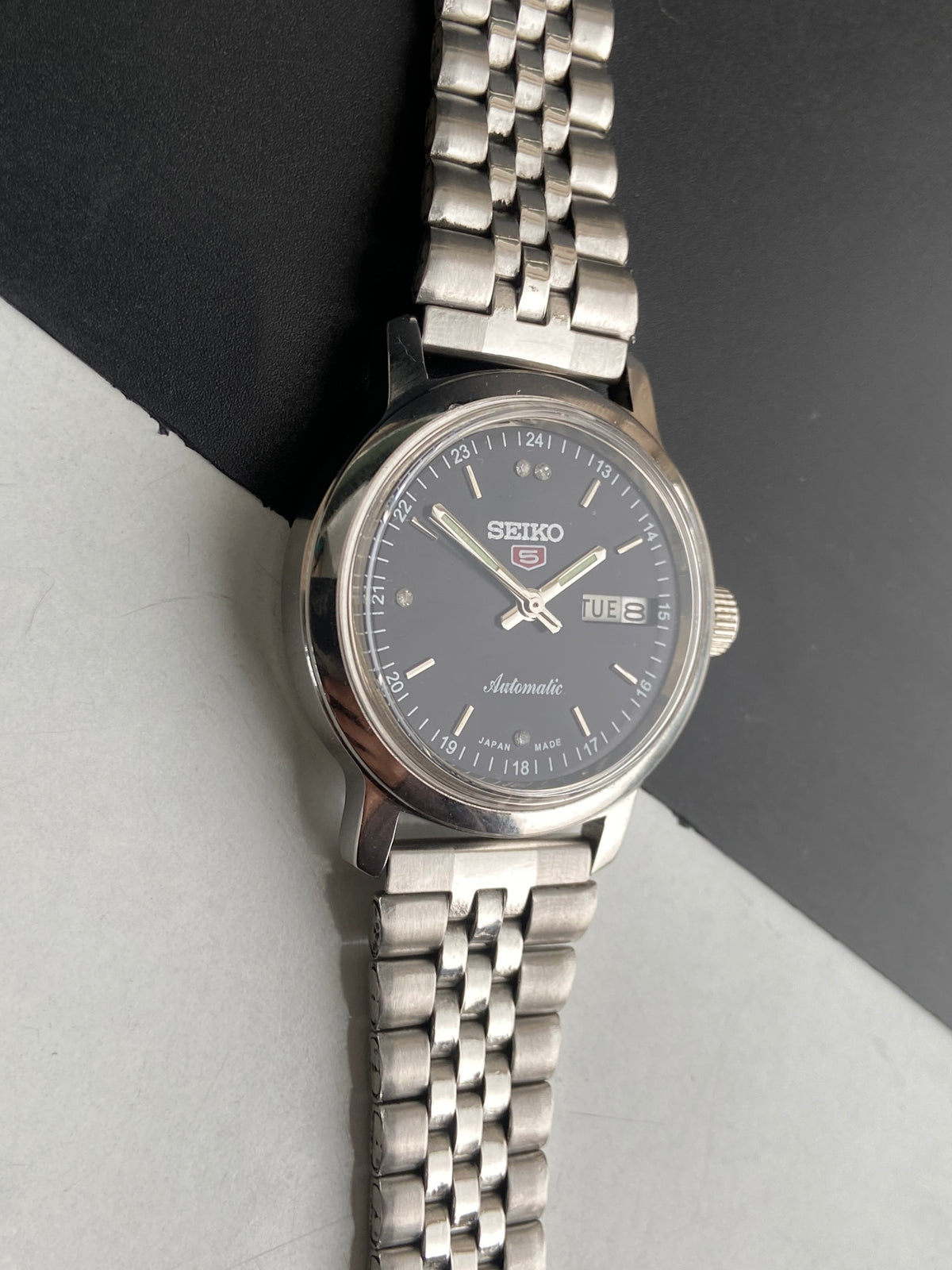 Vintage Mod Seiko 5 Automatic 6309A 17 Jewels Japan Men's Day-Date Black Face Wrist Watch E49