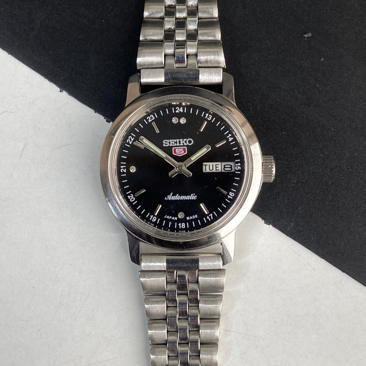 Vintage Mod Seiko 5 Automatic 6309A 17 Jewels Japan Men's Day-Date Black Face Wrist Watch E49