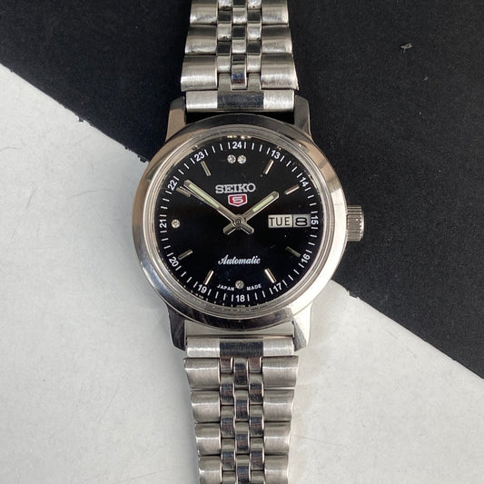 Vintage Mod Seiko 5 Automatic 6309A 17 Jewels Japan Men's Day-Date Black Face Wrist Watch E49