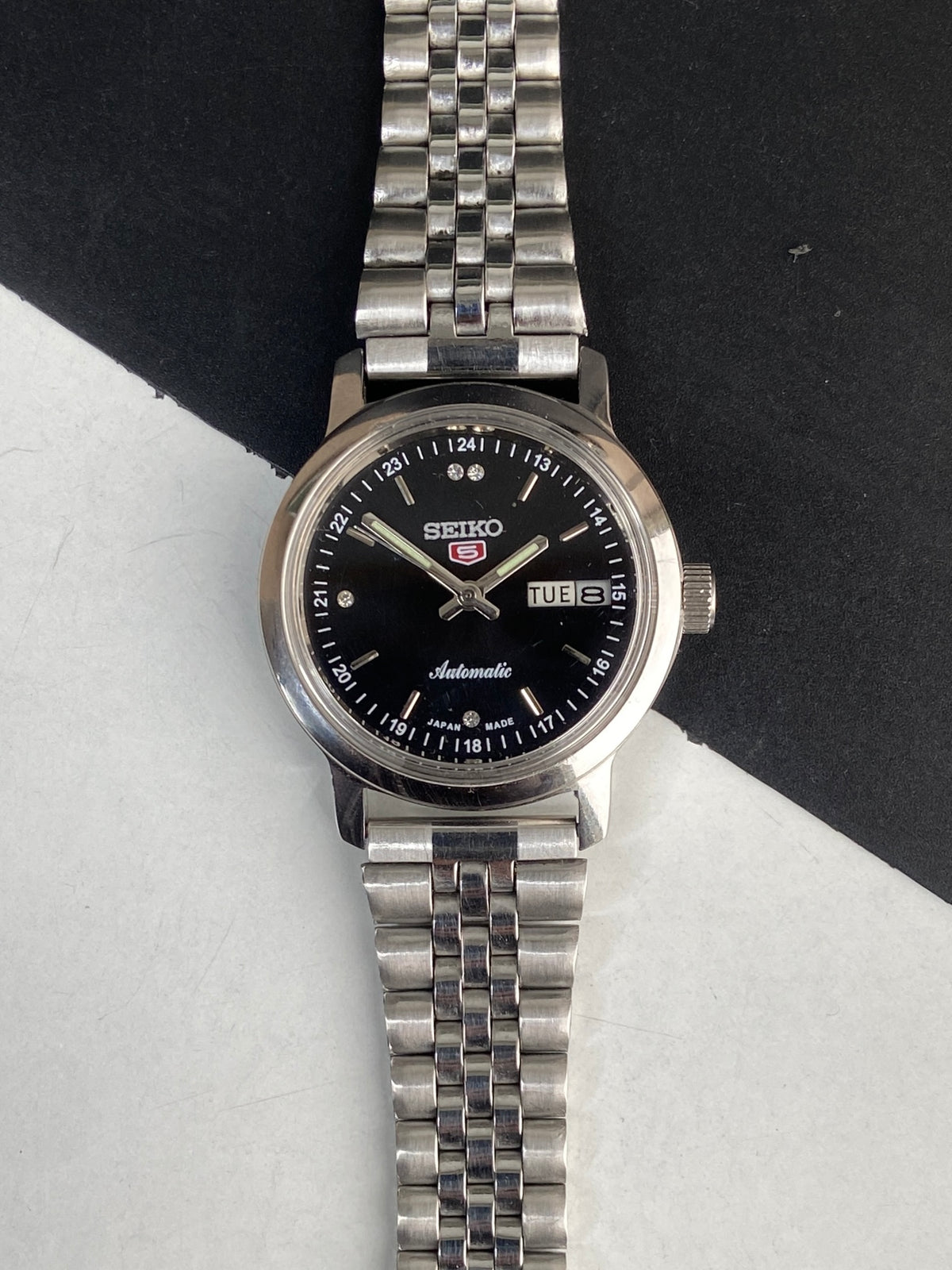 Vintage Mod Seiko 5 Automatic 6309A 17 Jewels Japan Men's Day-Date Black Face Wrist Watch E49