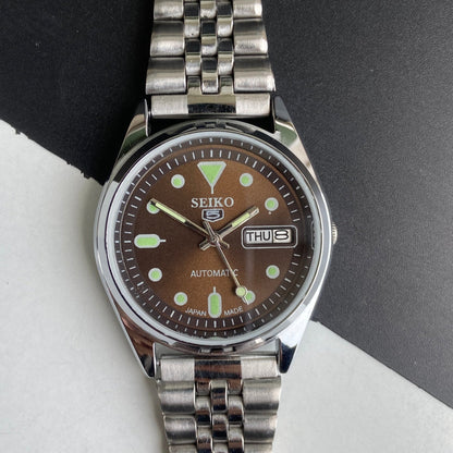 Vintage Mod Seiko 5 Automatic 6309A 17 Jewels Japan Men's Day-Date Brown Face Wrist Watch E50