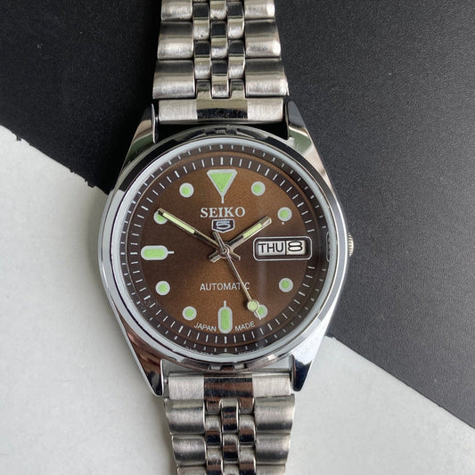 Vintage Mod Seiko 5 Automatic 6309A 17 Jewels Japan Men's Day-Date Brown Face Wrist Watch E50