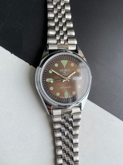 Vintage Mod Seiko 5 Automatic 6309A 17 Jewels Japan Men's Day-Date Brown Face Wrist Watch E50