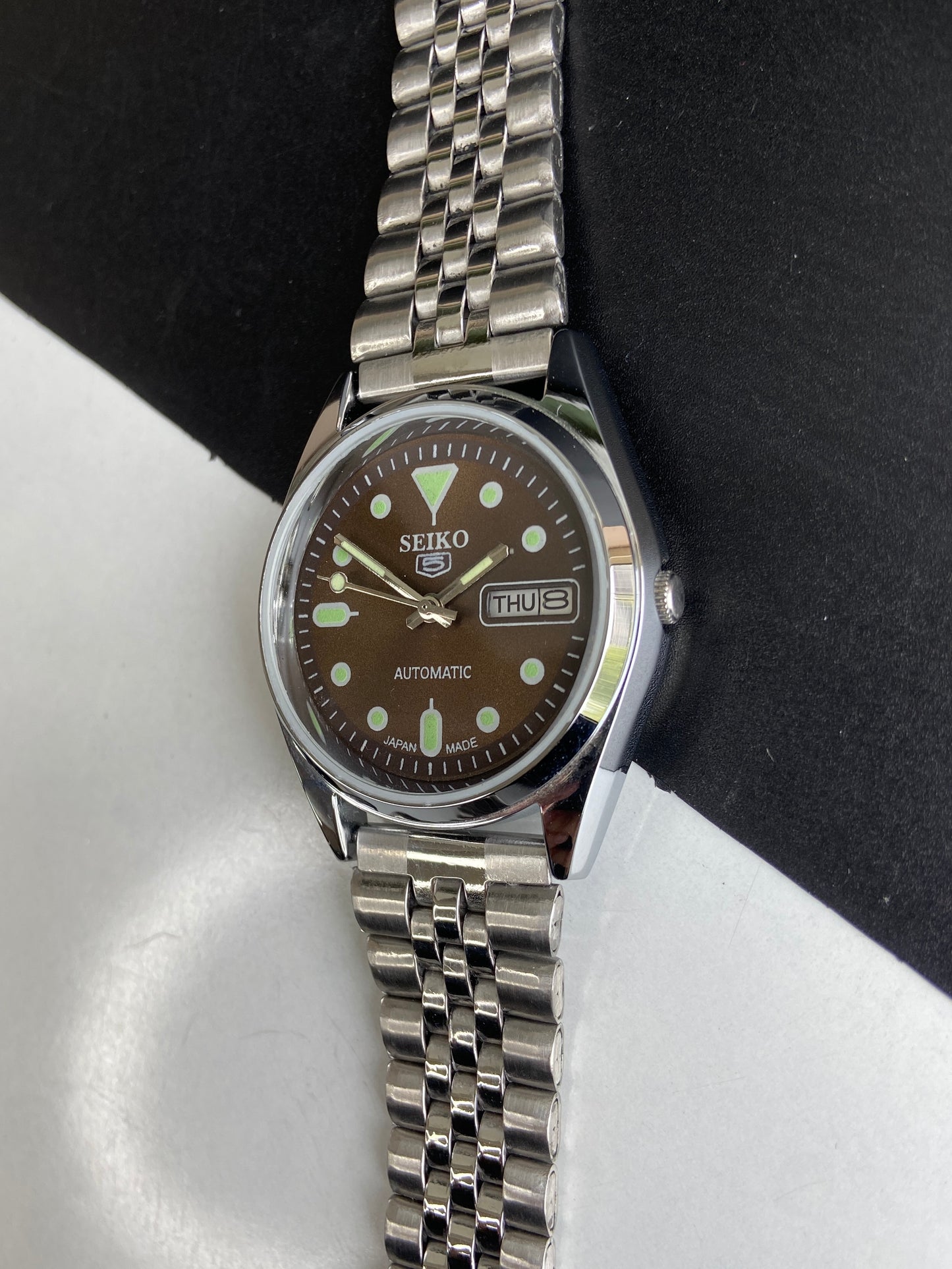 Vintage Mod Seiko 5 Automatic 6309A 17 Jewels Japan Men's Day-Date Brown Face Wrist Watch E50