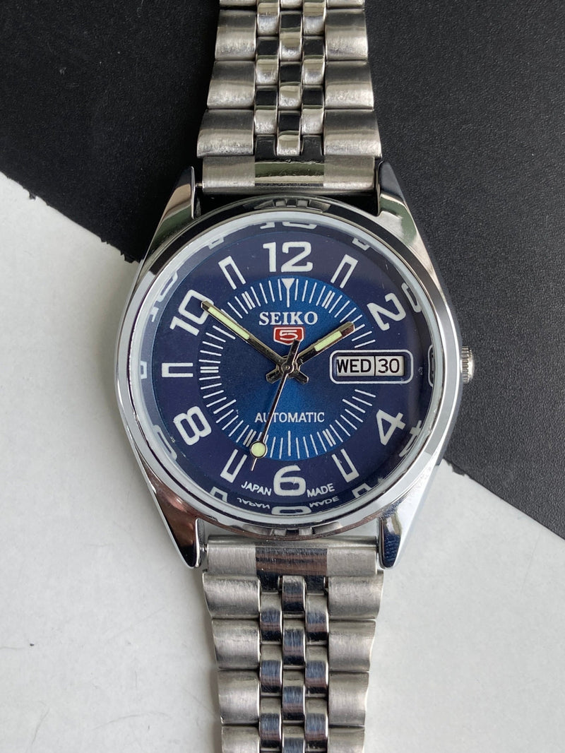 Vintage Mod Seiko 5 Automatic 6309A 17 Jewels Japan Men's Day-Date Blue Face Wrist Watch E51