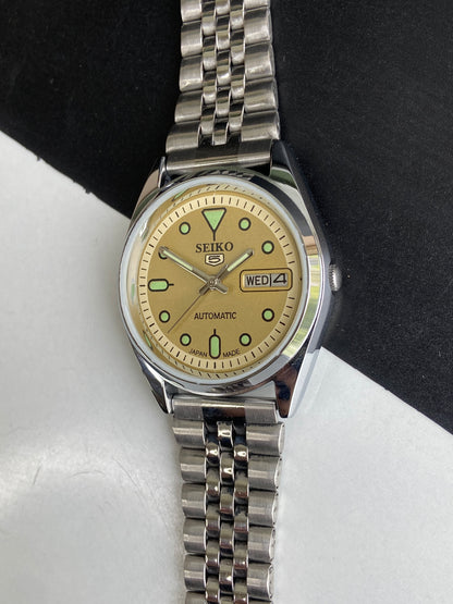 Vintage Mod Seiko 5 Automatic 6309A 17 Jewels Japan Men's Day-Date Yellow Face Wrist Watch E52