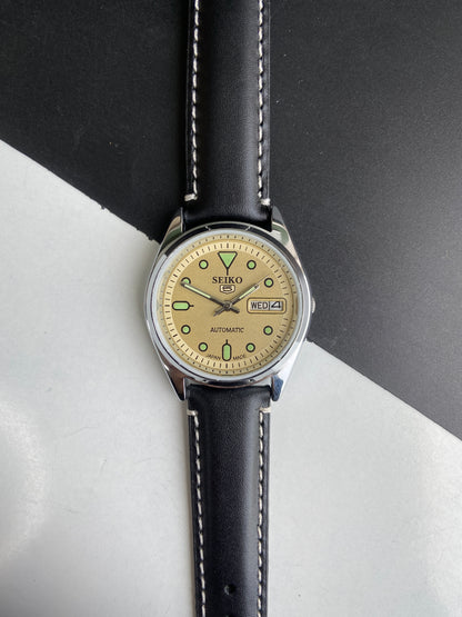 Vintage Mod Seiko 5 Automatic 6309A 17 Jewels Japan Men's Day-Date Yellow Face Wrist Watch E52