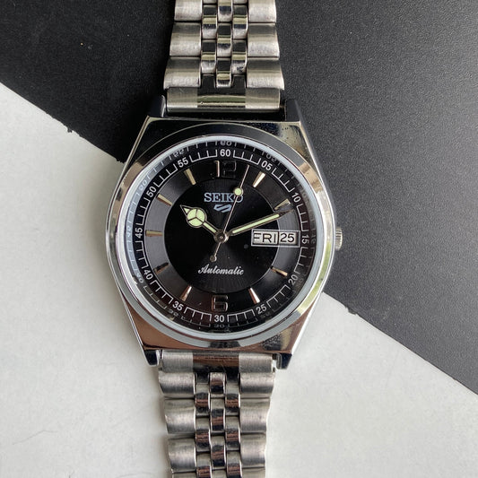 Vintage Mod Seiko 5 Automatic 6309A 17 Jewels Japan Men's Day-Date Black Face Wrist Watch E53