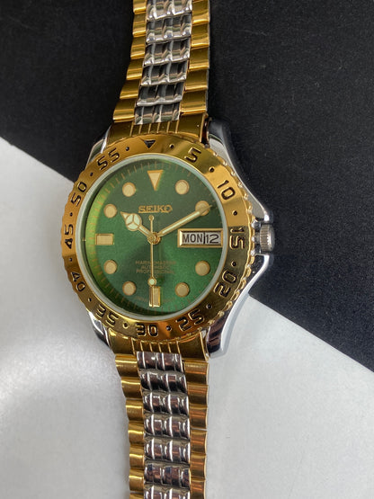 Vintage Mod Seiko Automatic 17 Jewels Cal. 6309 Green Face Fix Bezel Two Tone Men's Wrist Watch E68