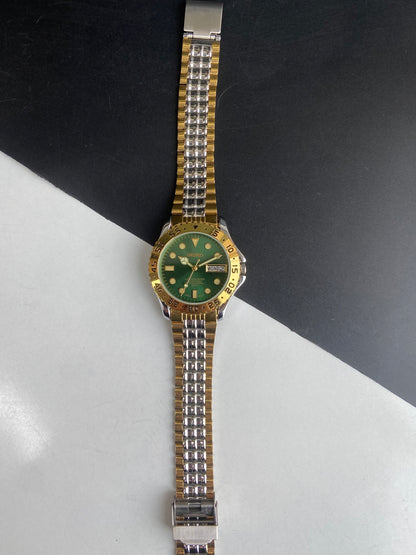 Vintage Mod Seiko Automatic 17 Jewels Cal. 6309 Green Face Fix Bezel Two Tone Men's Wrist Watch E68