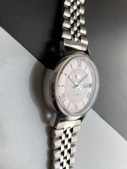 Vintage Mod Seiko 5 Automatic 6309A 17 Jewels Japan Men's Day-Date Silver Face Wrist Watch E71