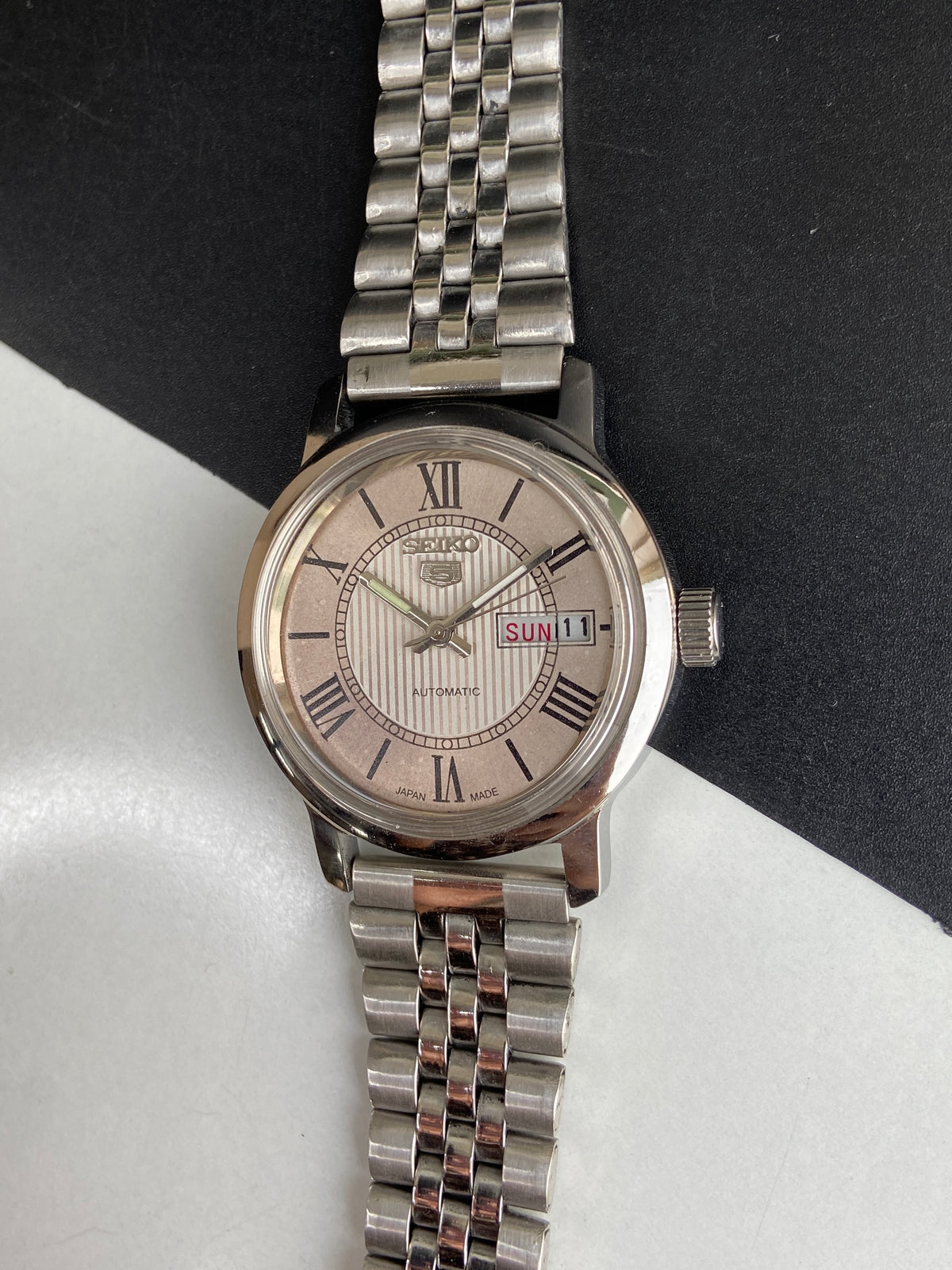 Vintage Mod Seiko 5 Automatic 6309A 17 Jewels Japan Men's Day-Date Silver Face Wrist Watch E71