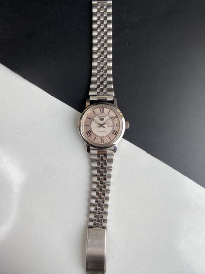 Vintage Mod Seiko 5 Automatic 6309A 17 Jewels Japan Men's Day-Date Silver Face Wrist Watch E71