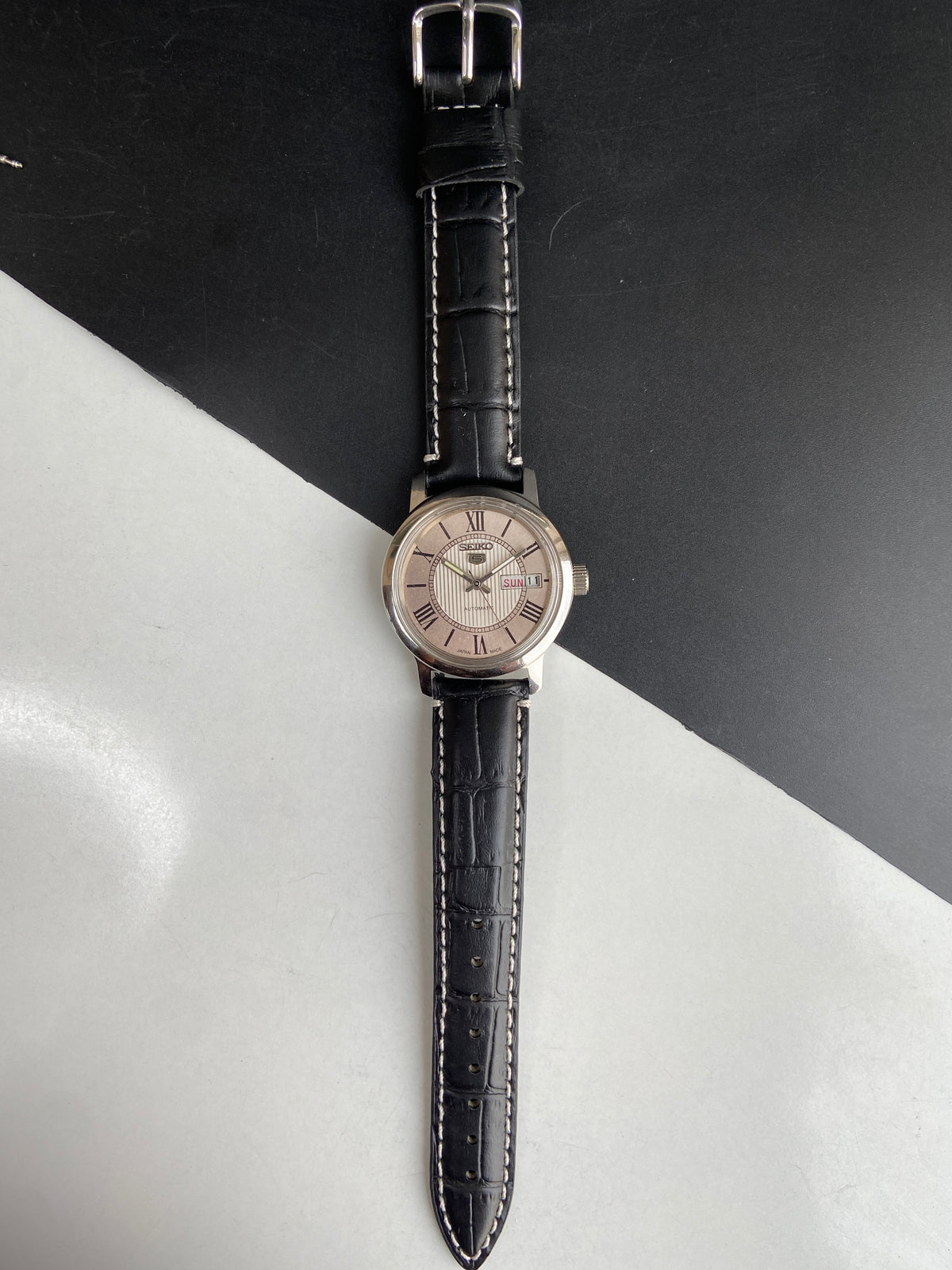 Vintage Mod Seiko 5 Automatic 6309A 17 Jewels Japan Men's Day-Date Silver Face Wrist Watch E71