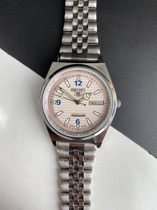 Vintage Mod Seiko 5 Automatic 6309A 17 Jewels Japan Men's Day-Date White Face Wrist Watch E73