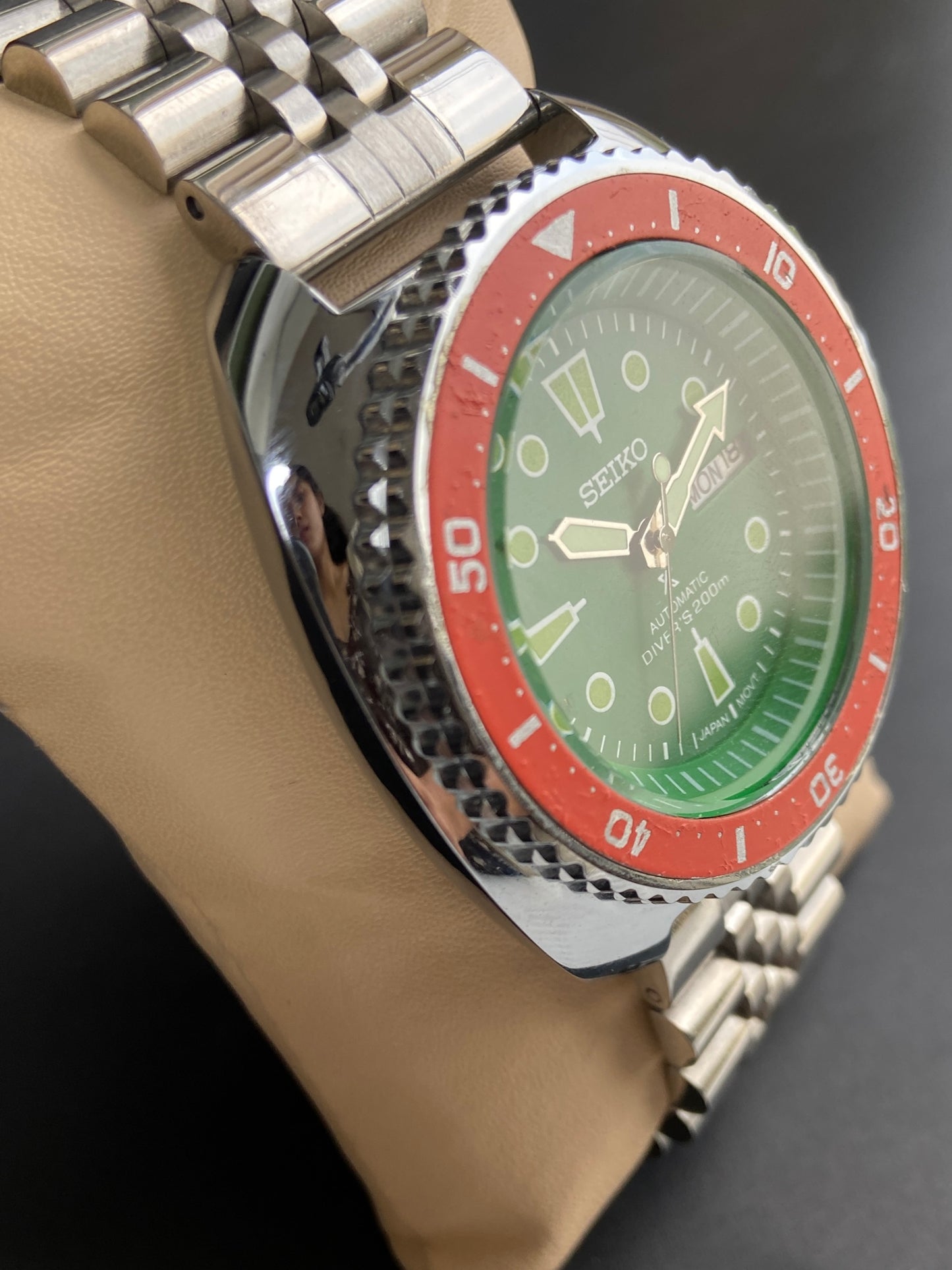 Vintage MOD Seiko Turtle Automatic Green Face Cal. 6309 Rotating Bezel Day-Date Men's Wrist Watch E74