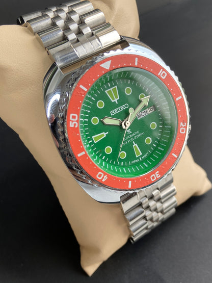 Vintage MOD Seiko Turtle Automatic Green Face Cal. 6309 Rotating Bezel Day-Date Men's Wrist Watch E74
