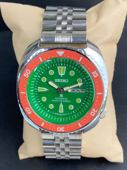Vintage MOD Seiko Turtle Automatic Green Face Cal. 6309 Rotating Bezel Day-Date Men's Wrist Watch E74