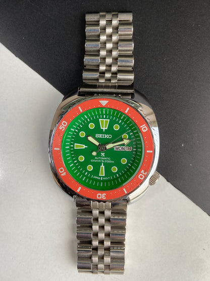Vintage MOD Seiko Turtle Automatic Green Face Cal. 6309 Rotating Bezel Day-Date Men's Wrist Watch E74