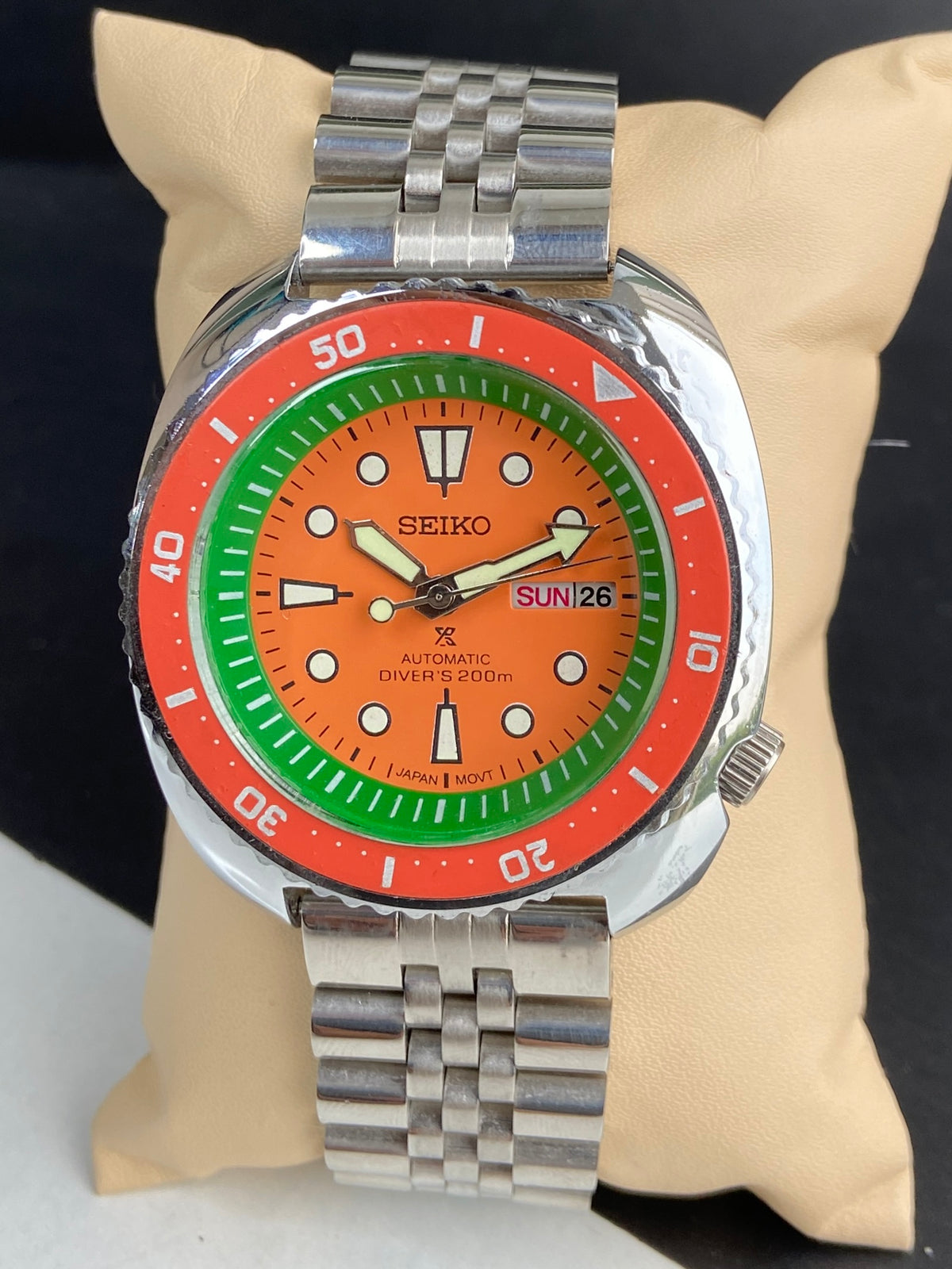 Vintage MOD Seiko Turtle Automatic Orange Face Cal. 6309 Rotating Bezel Day-Date Men's Wrist Watch E75
