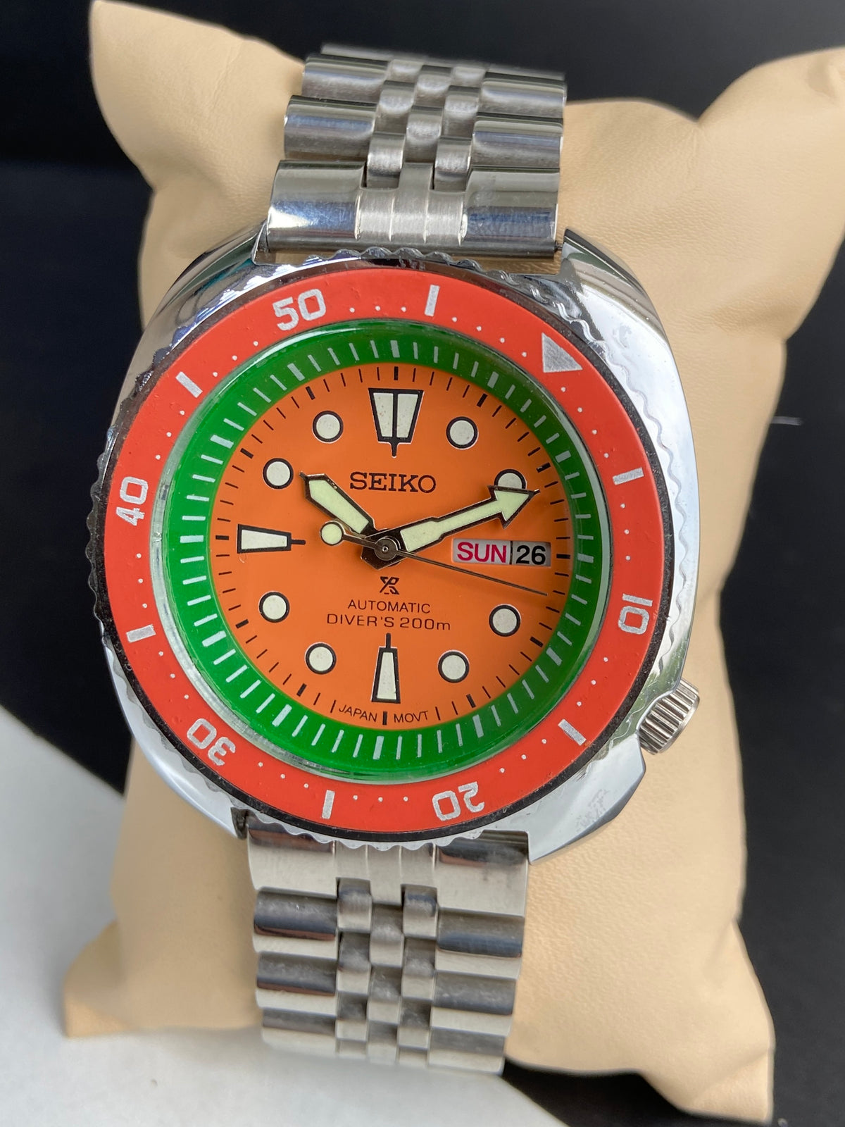 Vintage MOD Seiko Turtle Automatic Orange Face Cal. 6309 Rotating Bezel Day-Date Men's Wrist Watch E75
