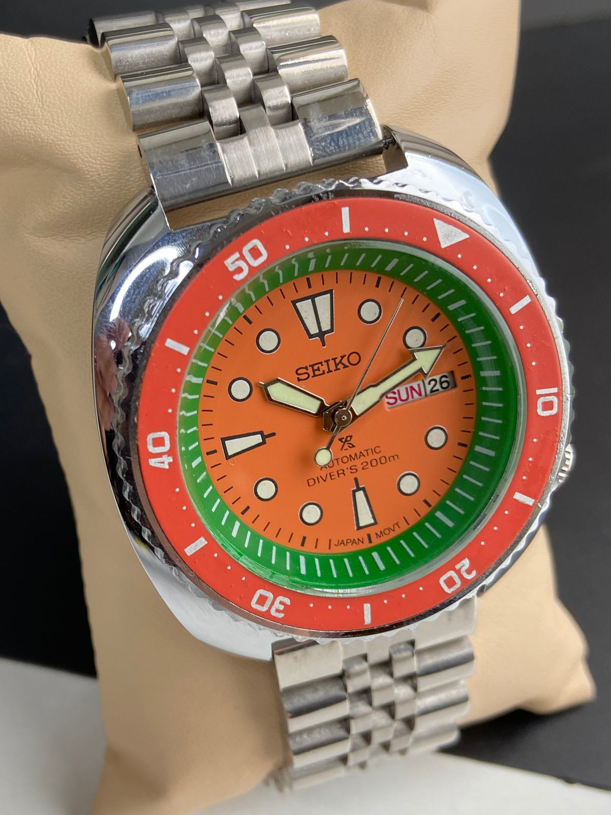 Vintage MOD Seiko Turtle Automatic Orange Face Cal. 6309 Rotating Bezel Day-Date Men's Wrist Watch E75