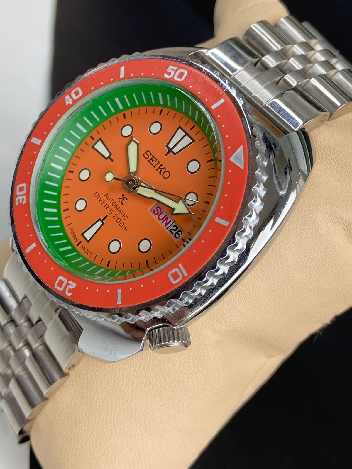 Vintage MOD Seiko Turtle Automatic Orange Face Cal. 6309 Rotating Bezel Day-Date Men's Wrist Watch E75