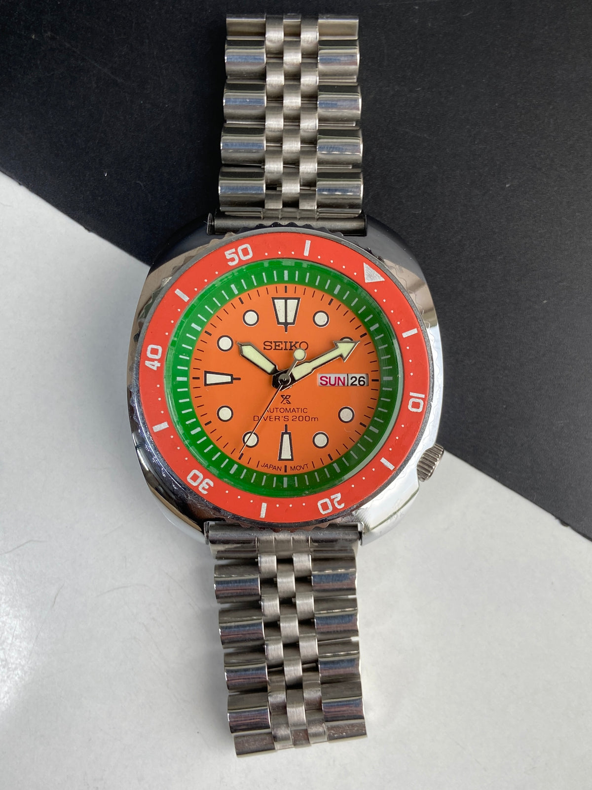 Vintage MOD Seiko Turtle Automatic Orange Face Cal. 6309 Rotating Bezel Day-Date Men's Wrist Watch E75