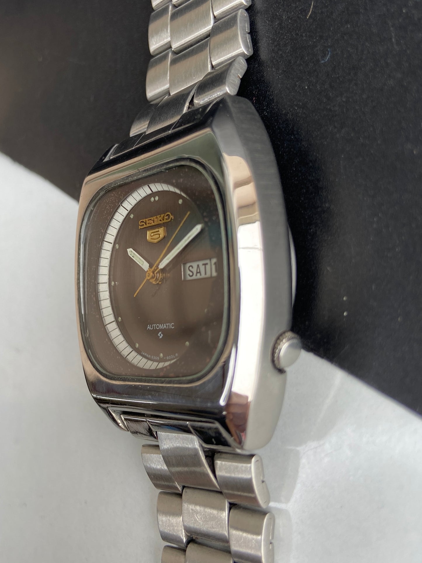 Vintage 1980 Original Seiko 5 Automatic 6309-603C Black Face Day-Date Japanese Men's Wrist Watch E79