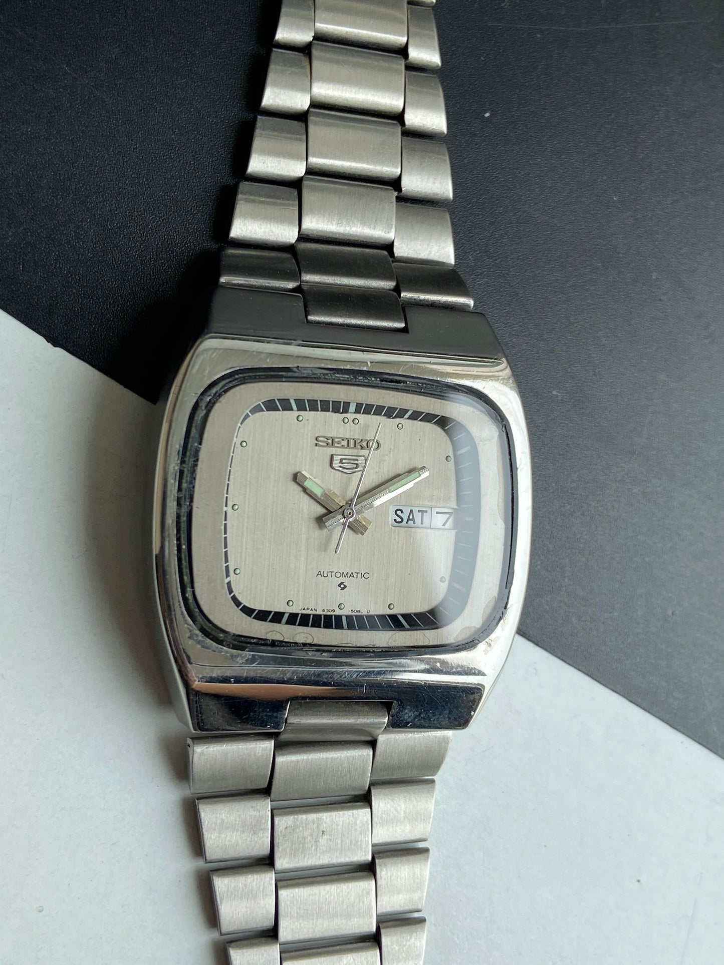 Vintage 1981 Original Seiko 5 Automatic 6309-5080 Silver Face 17 Jewels Day-Date Japanese Men's Wrist Watch E82