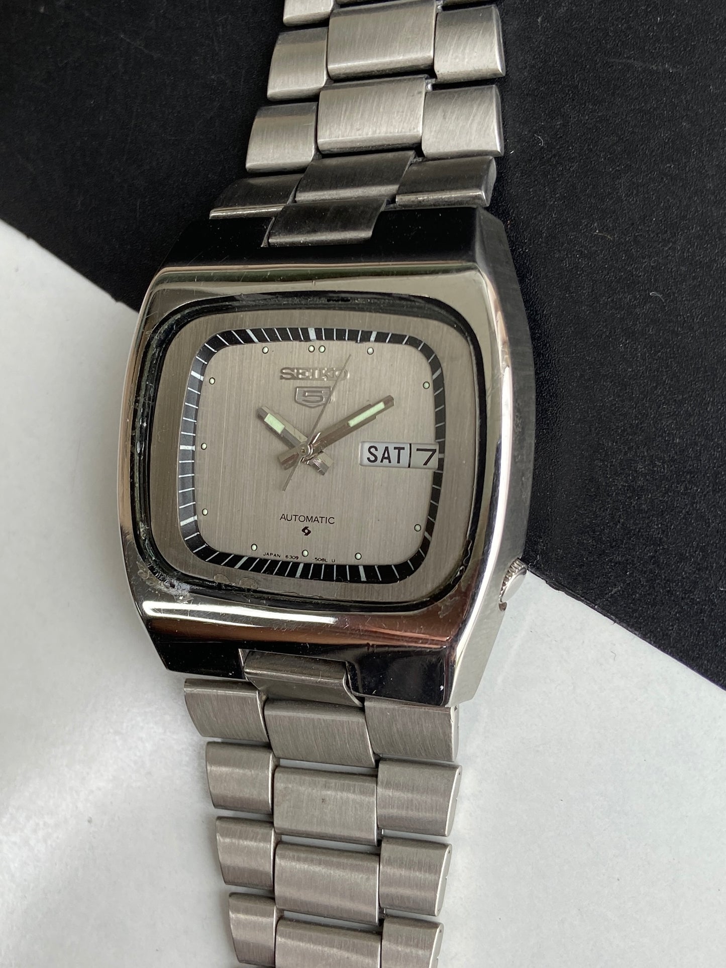 Vintage 1981 Original Seiko 5 Automatic 6309-5080 Silver Face 17 Jewels Day-Date Japanese Men's Wrist Watch E82