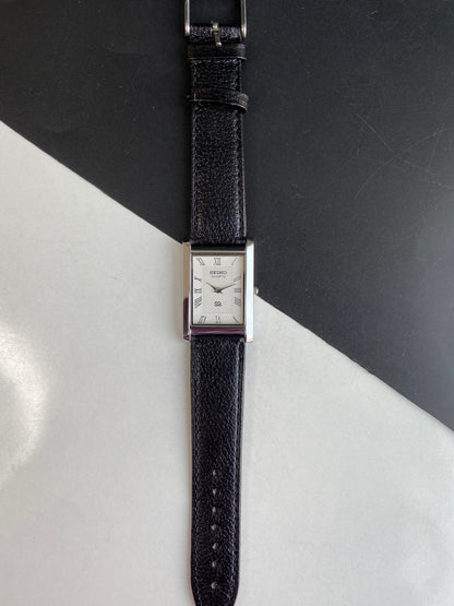 Seiko Slim Rectangular Quartz White Face Black Band Men's Wrist Watch F02