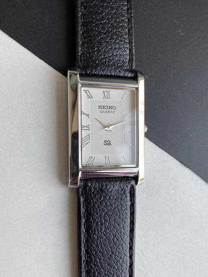 Seiko Slim Rectangular Quartz White Face Black Band Men's Wrist Watch F02
