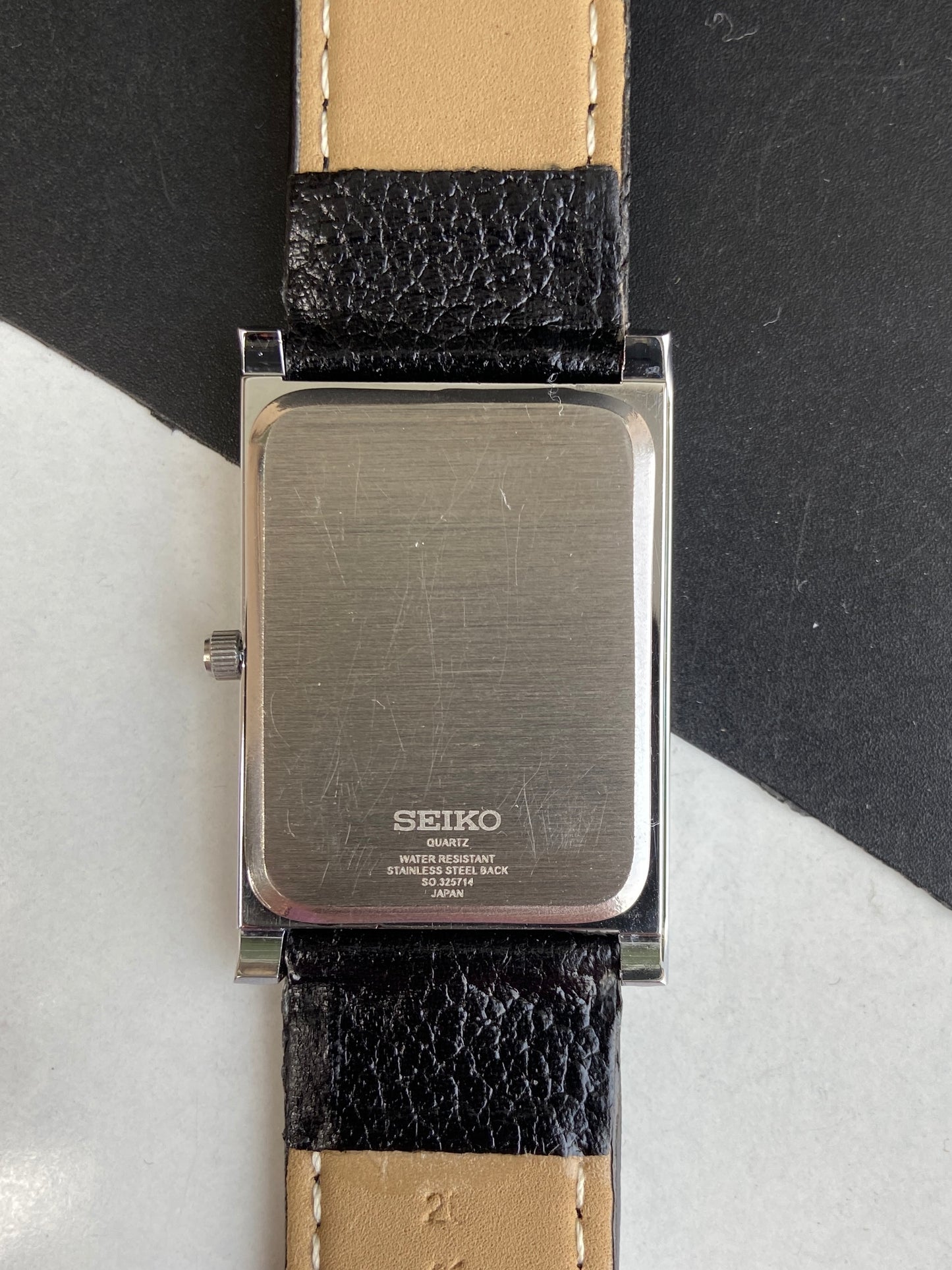 Seiko Slim Rectangular Quartz White Face Black Band Men's Wrist Watch F02