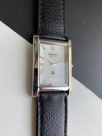 Seiko Slim Rectangular Quartz White Face Black Band Men's Wrist Watch F02