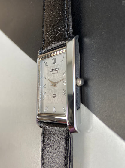 Seiko Slim Rectangular Quartz White Face Black Band Men's Wrist Watch F02