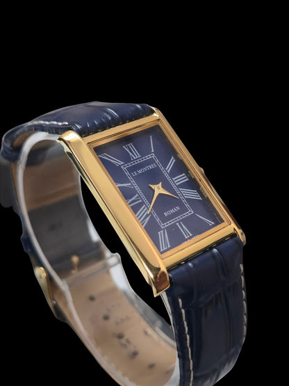 Vintage MOD Le Montres Quartz Blue Face With Blue Croco Band 26mm Gold Case Men's Wrist Watch LM01