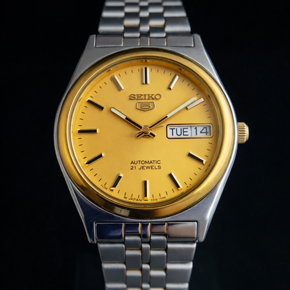 Vintage 2005 Original Seiko 5 Automatic 7S26-0070 Golden Face 21 Jewels Day-Date Japanese Men's Wrist Watch S57
