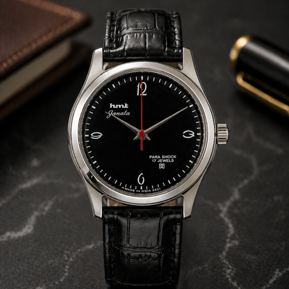 Vintage MOD HMT Janata Hand Winding 17 Jewels Black Face Black Croco Leather Strap Men's Wrist Watch S111