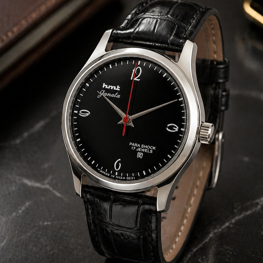 Vintage MOD HMT Janata Hand Winding 17 Jewels Black Face Black Croco Leather Strap Men's Wrist Watch S111
