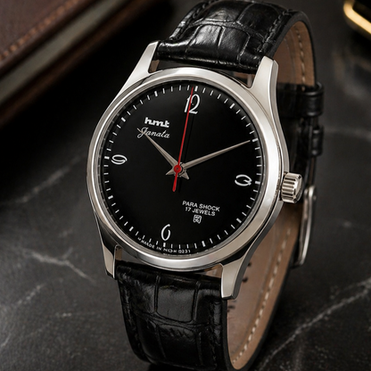Vintage MOD HMT Janata Hand Winding 17 Jewels Black Face Black Croco Leather Strap Men's Wrist Watch S111