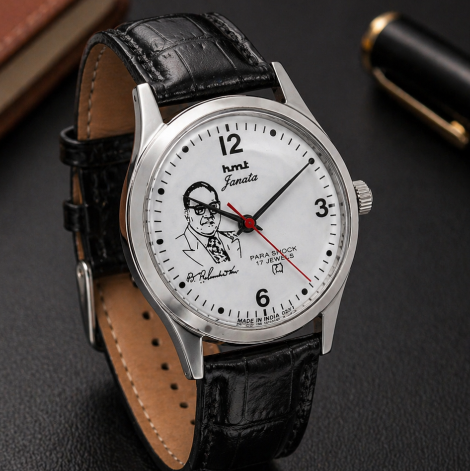 Vintage MOD HMT Janata B.R .Ambedkar Hand Winding 17 Jewels White Face Black Leather Strap Men's Wrist Watch S119